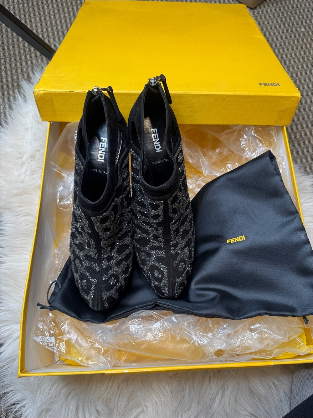 Fendi Black Crystal-Embellished Ankle Boots EU 38 US 8